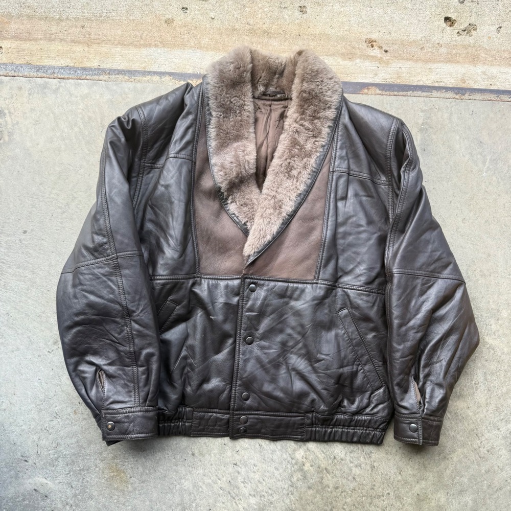 Vintage Brown Leather Bomber Jacket Faux Fur Collar Aviator Size 48 Mens